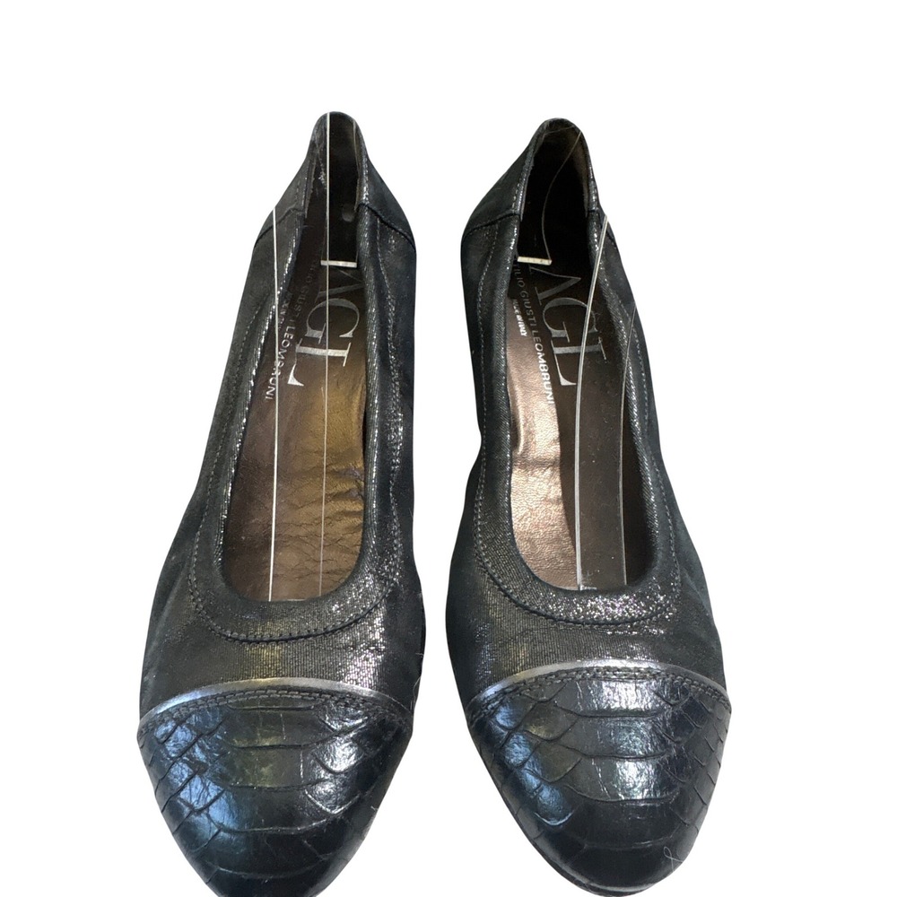 AGL Attilio Giusti Leombruni Black Metallic Snakeskin Cap Toe Pumps Size 38.5